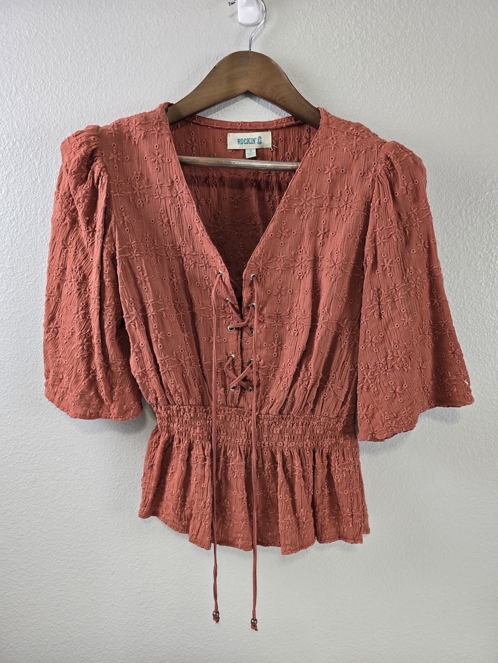 Rockin C Rust Lace-Up Eyelet Peplum Blouse
